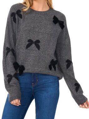 CeCe Gray Crewneck Sweater with Black Bow Appliqués